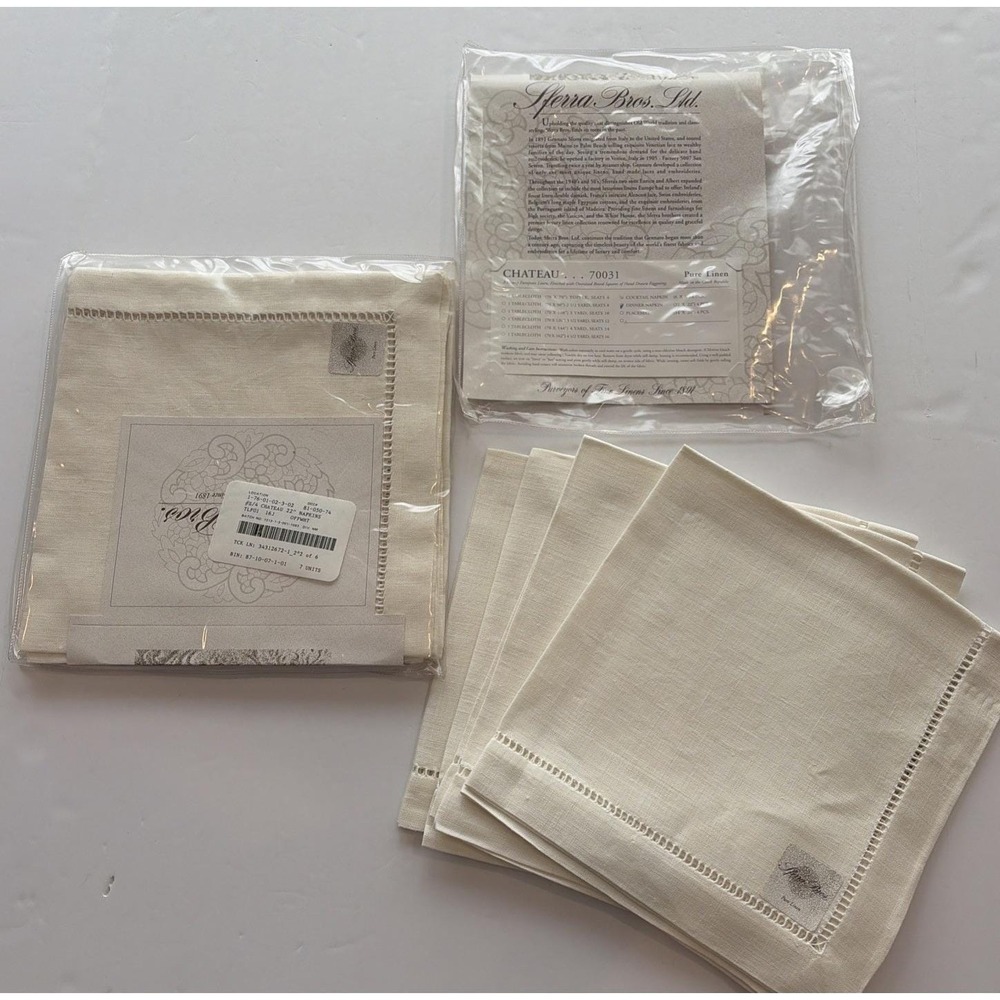 Sferra Bros Chateau Linen Dinner Napkins Set of 8 Off White Hemstitch 22x22 NIP